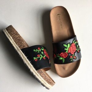 Embroidered rose slip on footbed espadrille sandal